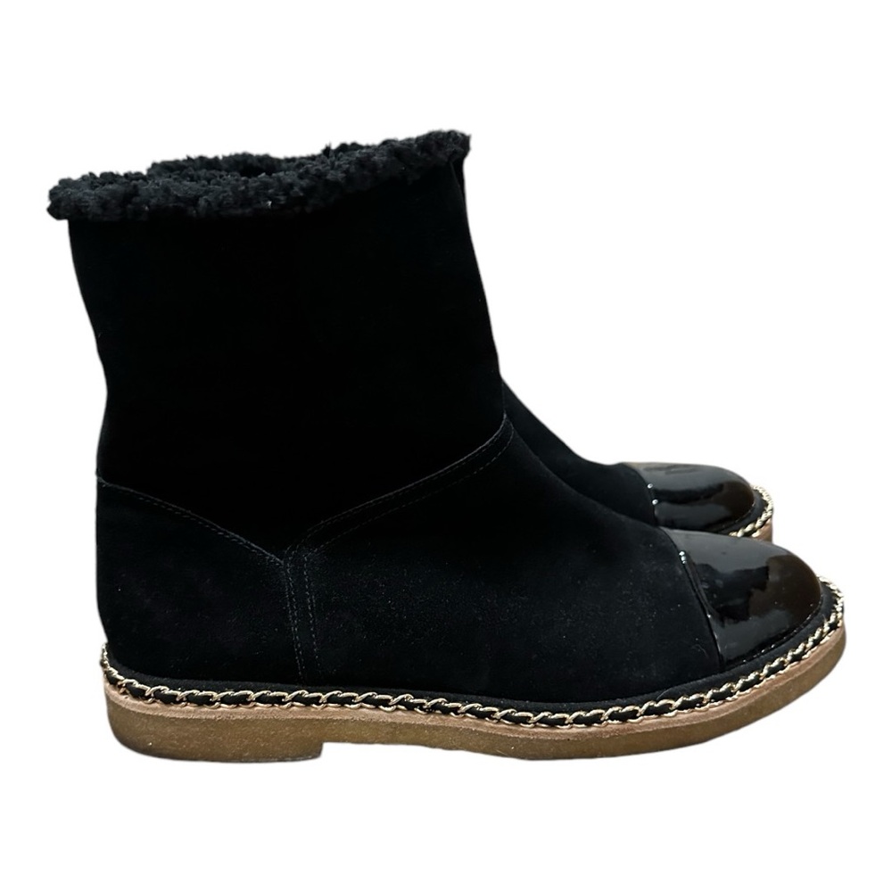 Vaneli Black Suede Short Boots with Gold Chain